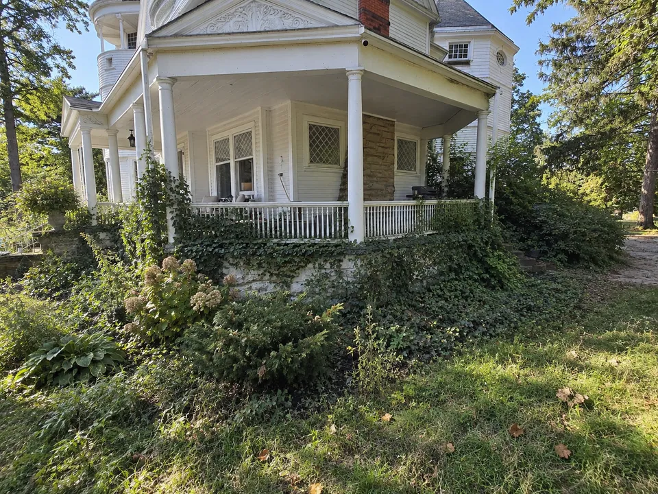 The porch corner as it was: ivy up the stone foundation and the railing, and weeds through the beds.